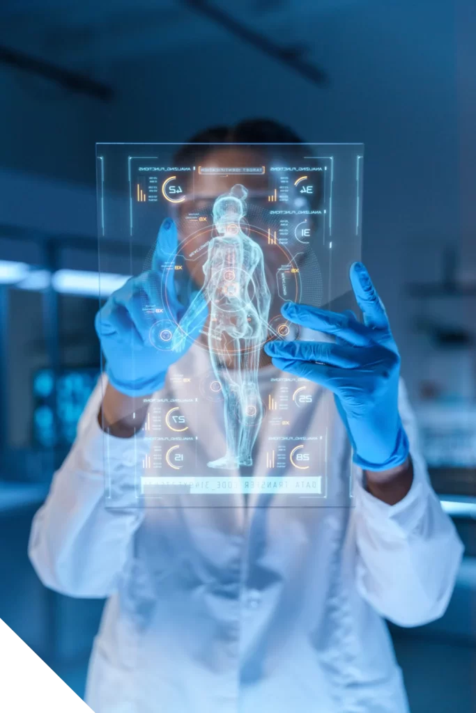 a woman looking analysing human body using advanced technology